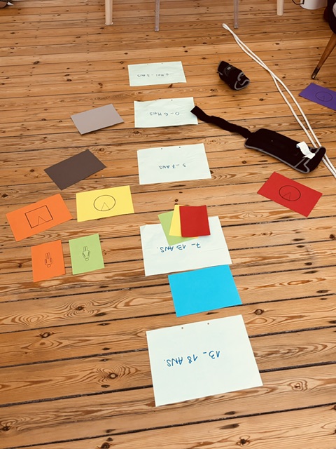Cartons colorés représentant les membres et les liens d'un système familial, disposés au sol pendant une séance